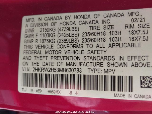 Photo 8 VIN: 2HKRW2H53MH630783 - HONDA CR-V 