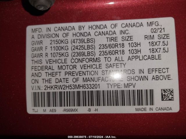 Photo 8 VIN: 2HKRW2H53MH633201 - HONDA CR-V 