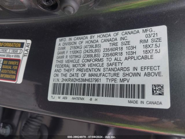 Photo 8 VIN: 2HKRW2H53MH637961 - HONDA CR-V 