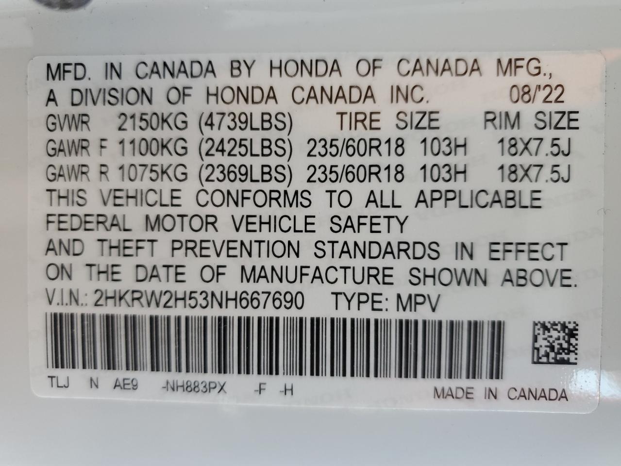 Photo 13 VIN: 2HKRW2H53NH667690 - HONDA CR-V 