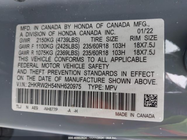 Photo 8 VIN: 2HKRW2H54NH620975 - HONDA CR-V 