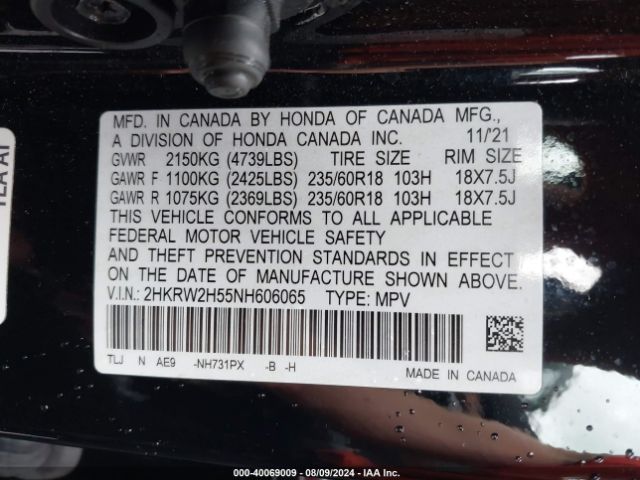 Photo 8 VIN: 2HKRW2H55NH606065 - HONDA CR-V 