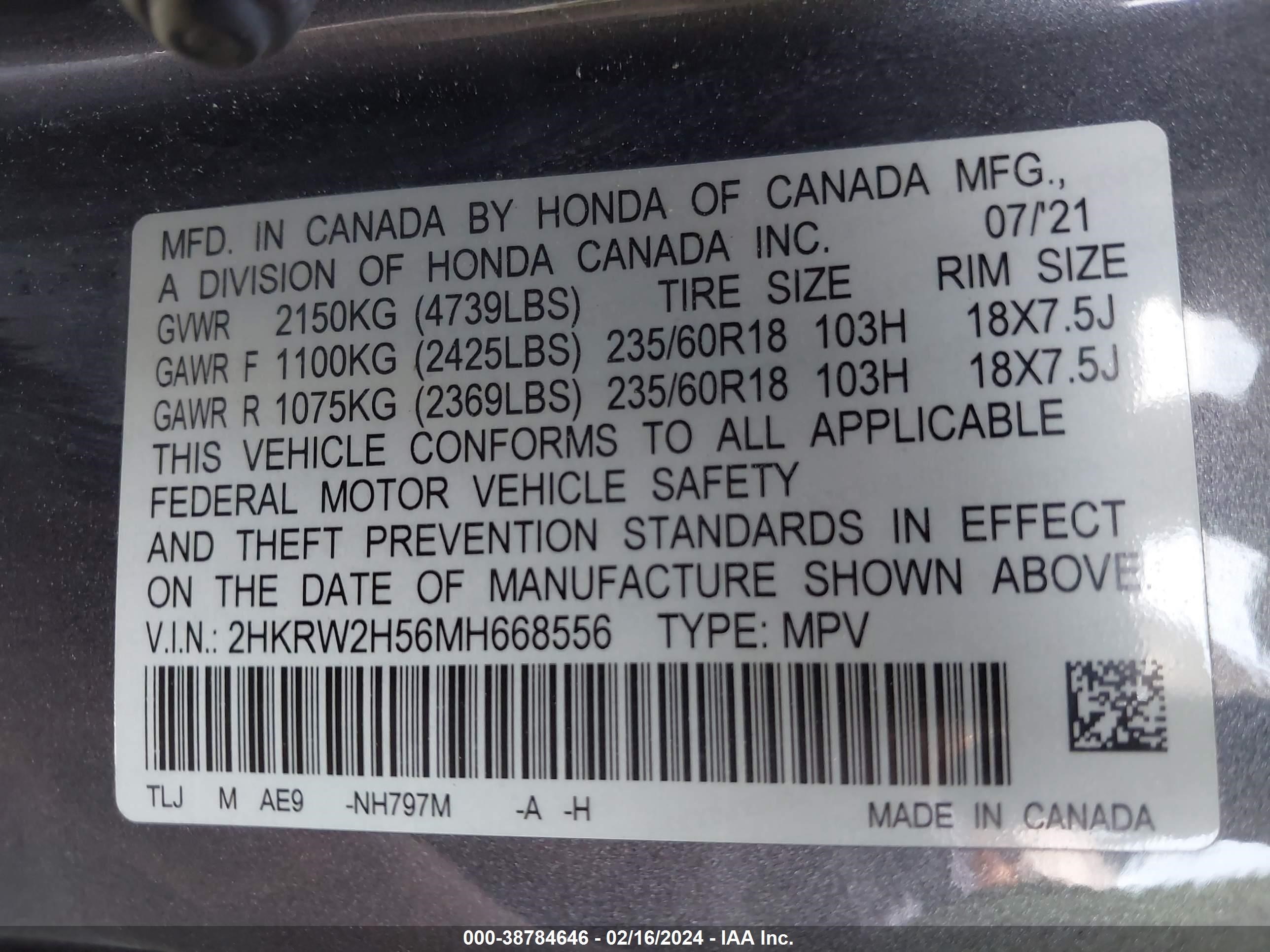 Photo 9 VIN: 2HKRW2H56MH668556 - HONDA CR-V 