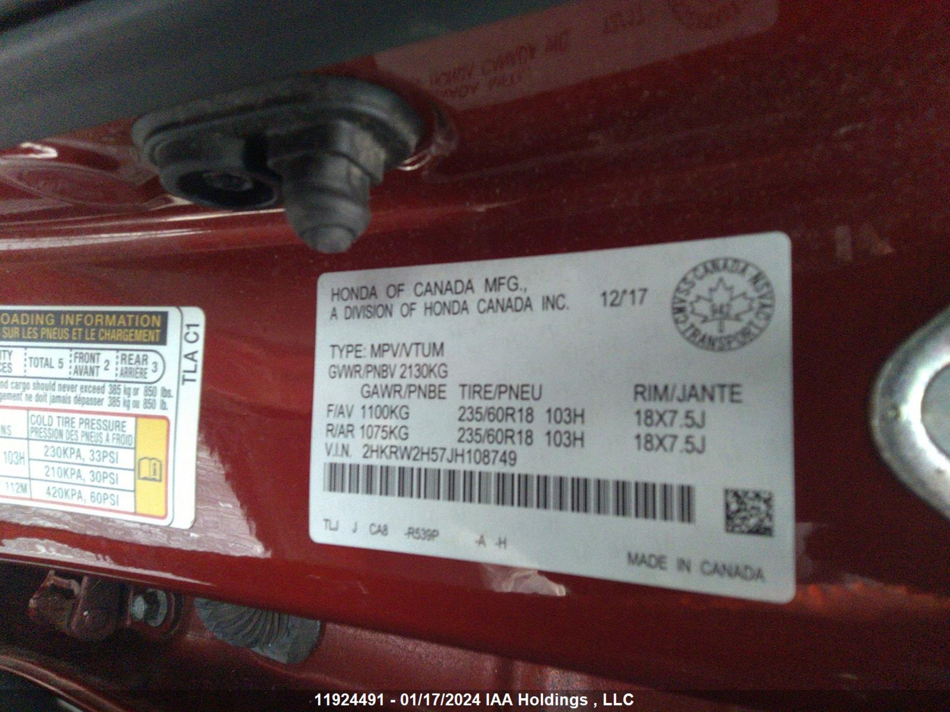 Photo 8 VIN: 2HKRW2H57JH108749 - HONDA CR-V 