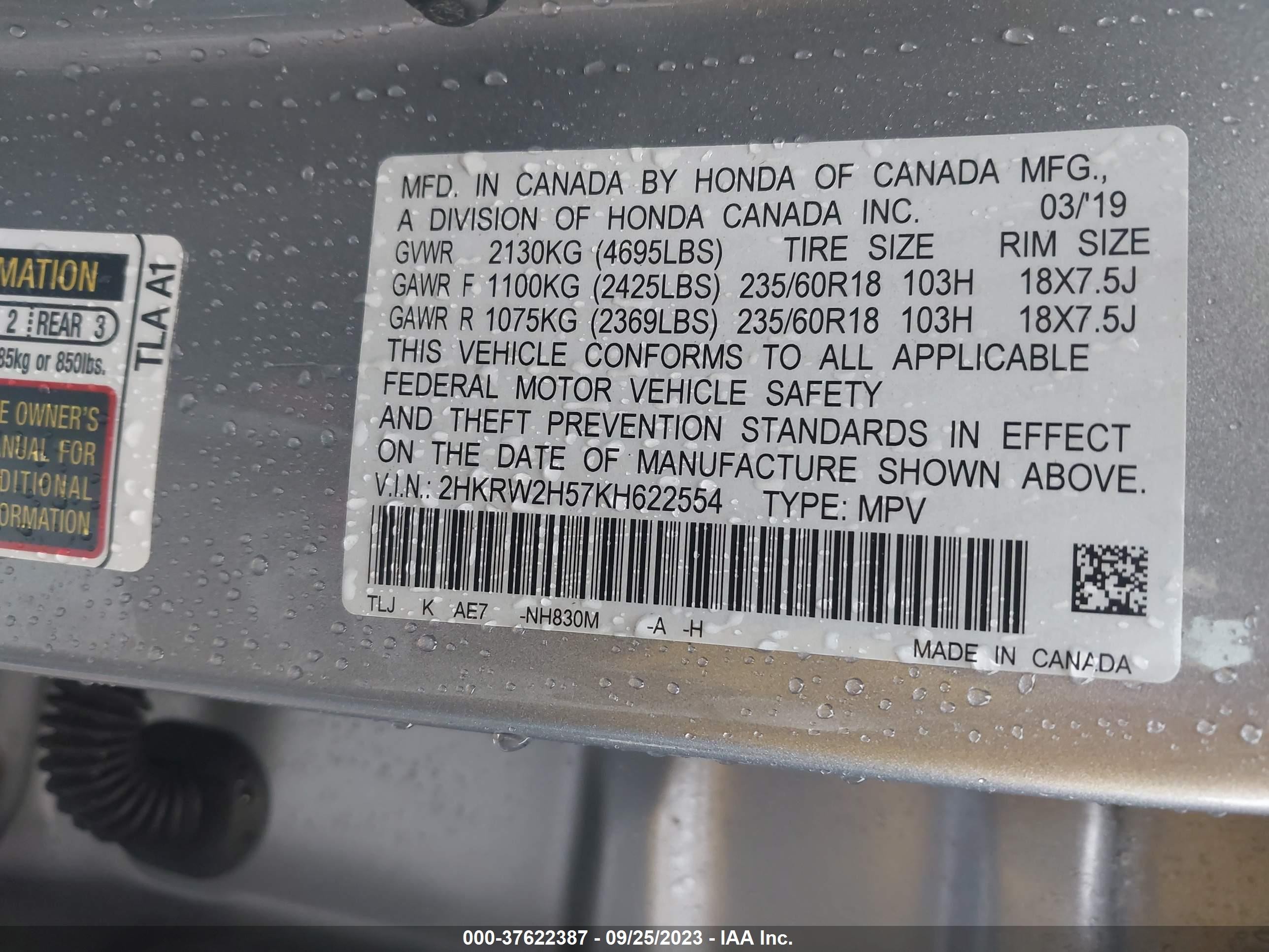 Photo 8 VIN: 2HKRW2H57KH622554 - HONDA CR-V 