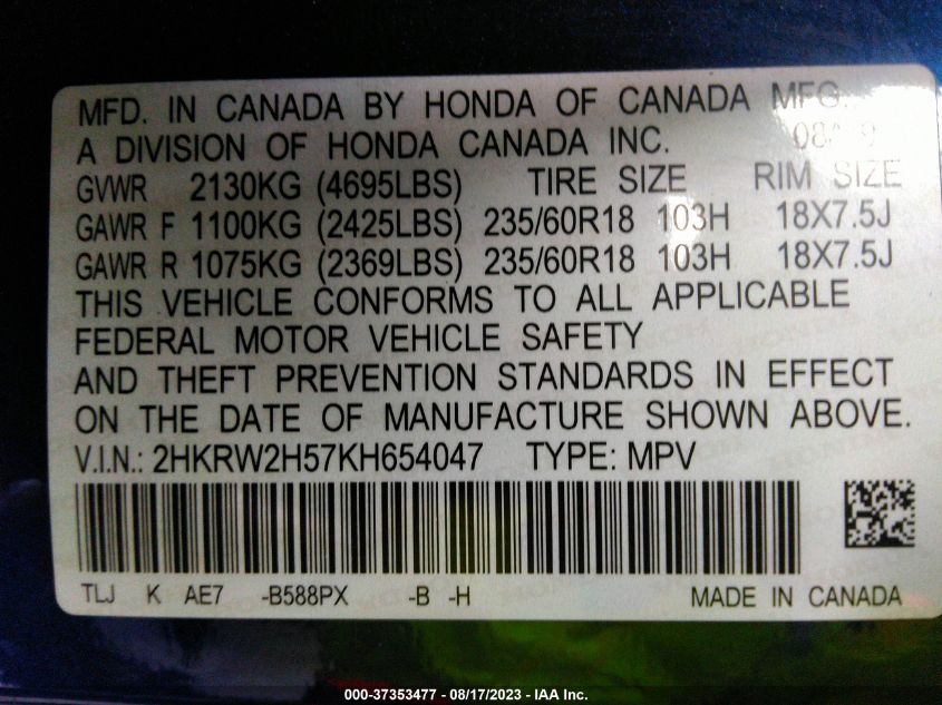 Photo 8 VIN: 2HKRW2H57KH654047 - HONDA CR-V 