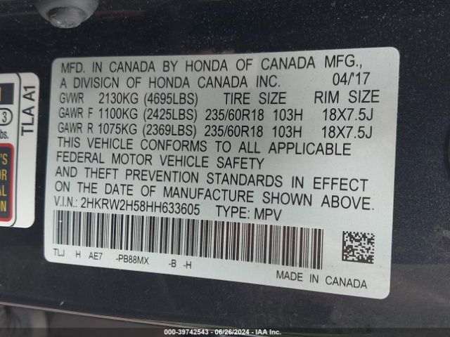 Photo 8 VIN: 2HKRW2H58HH633605 - HONDA CR-V 