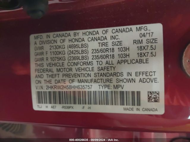 Photo 8 VIN: 2HKRW2H58HH635757 - HONDA CR-V 