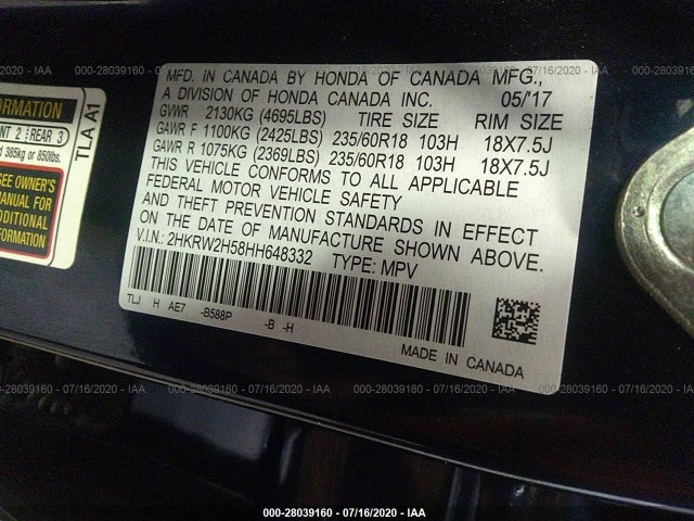 Photo 8 VIN: 2HKRW2H58HH648332 - HONDA CR-V 