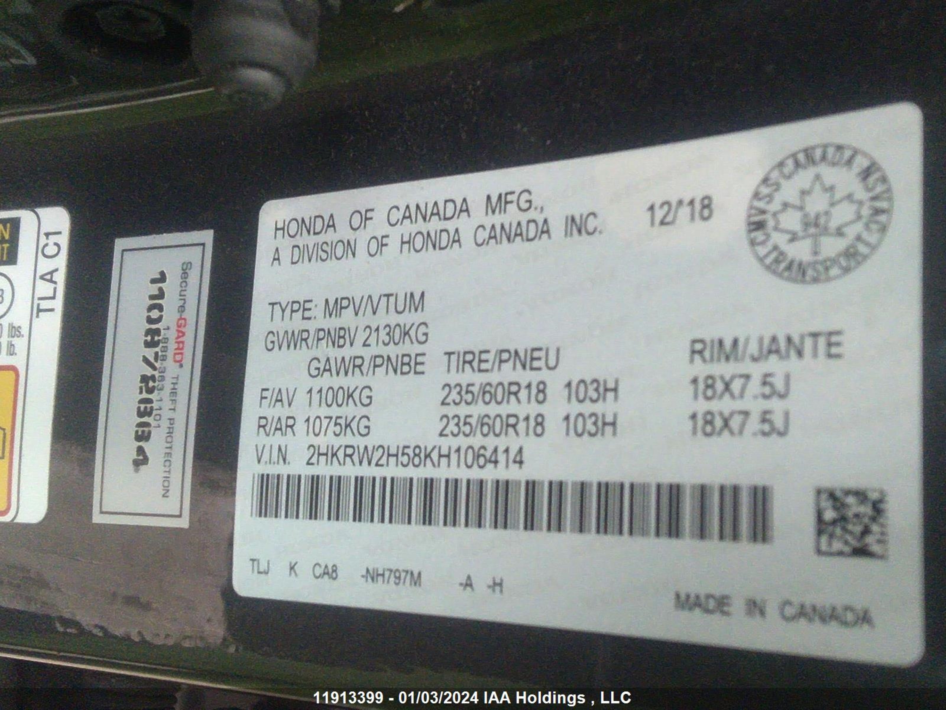 Photo 8 VIN: 2HKRW2H58KH106414 - HONDA CR-V 