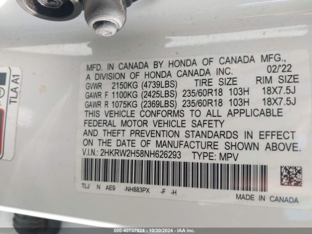 Photo 8 VIN: 2HKRW2H58NH626293 - HONDA CR-V 