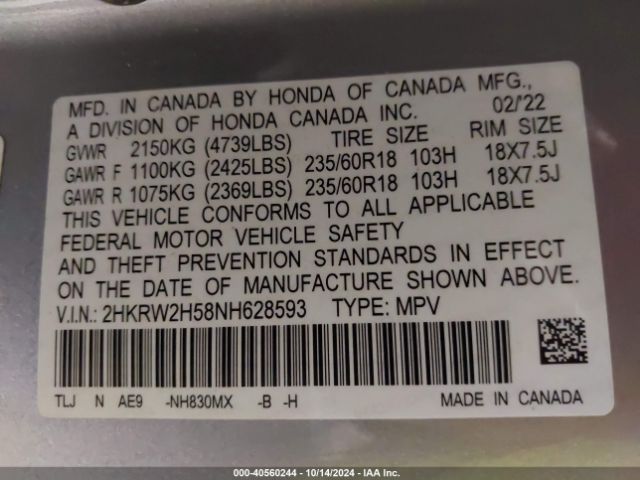 Photo 8 VIN: 2HKRW2H58NH628593 - HONDA CR-V 