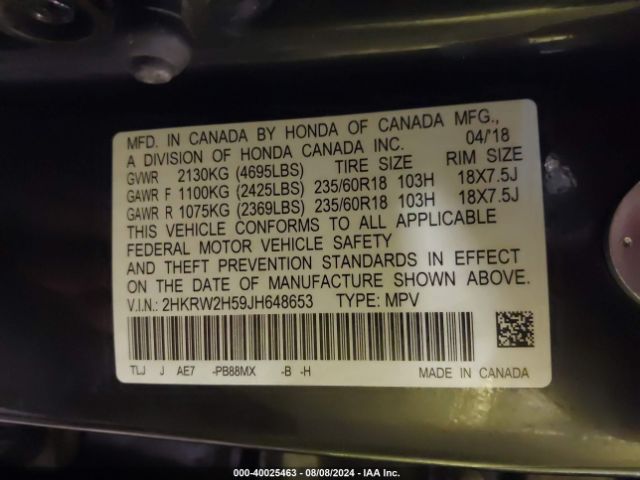 Photo 8 VIN: 2HKRW2H59JH648653 - HONDA CR-V 