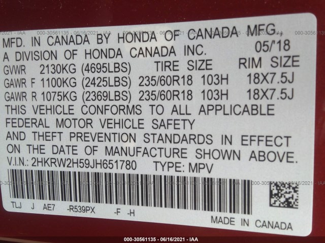 Photo 8 VIN: 2HKRW2H59JH651780 - HONDA CR-V 