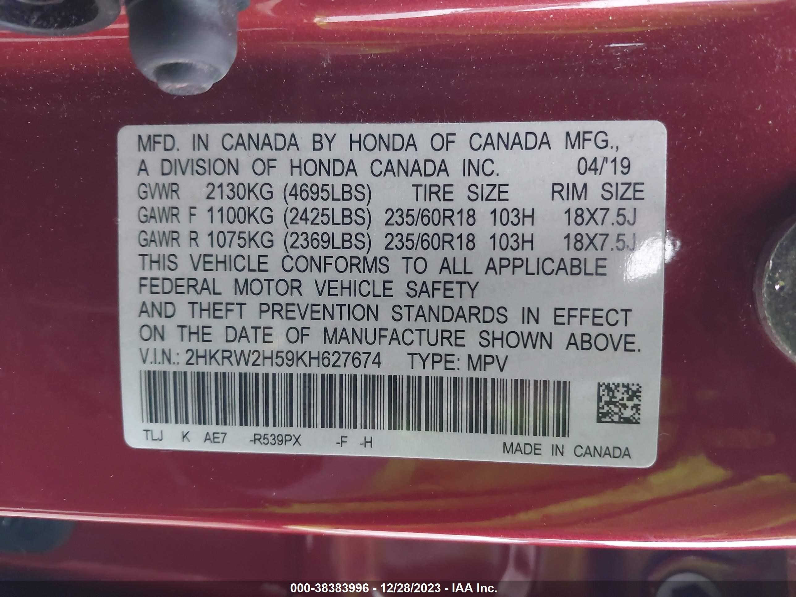 Photo 8 VIN: 2HKRW2H59KH627674 - HONDA CR-V 