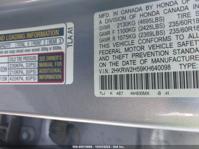 Photo 8 VIN: 2HKRW2H59KH640098 - HONDA CR-V 