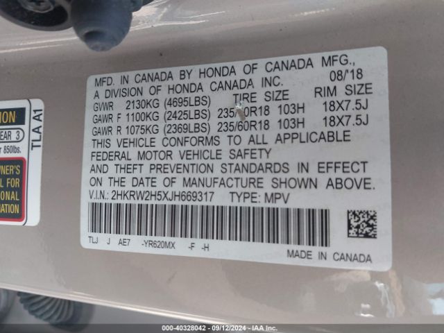 Photo 8 VIN: 2HKRW2H5XJH669317 - HONDA CR-V 