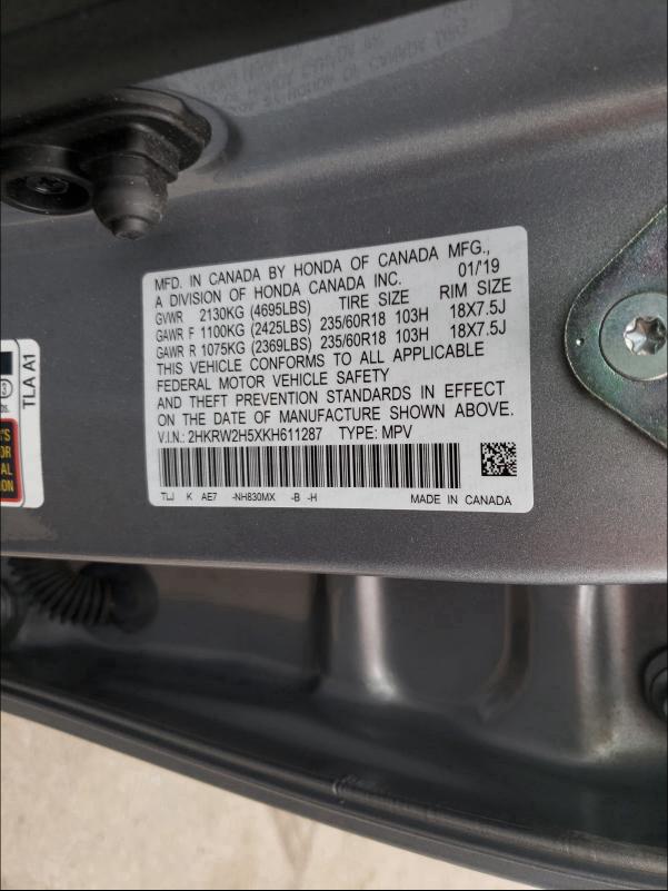 Photo 9 VIN: 2HKRW2H5XKH611287 - HONDA CR-V EX 