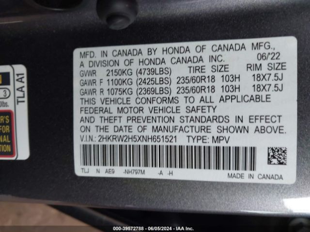 Photo 8 VIN: 2HKRW2H5XNH651521 - HONDA CR-V 