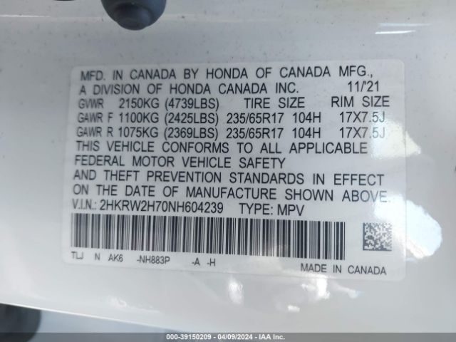 Photo 8 VIN: 2HKRW2H70NH604239 - HONDA CR-V 