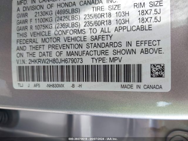 Photo 8 VIN: 2HKRW2H80JH679073 - HONDA CR-V 