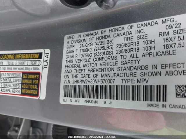 Photo 8 VIN: 2HKRW2H80NH670007 - HONDA CR-V 