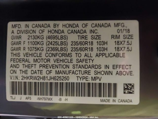 Photo 8 VIN: 2HKRW2H81JH625250 - HONDA CR-V 