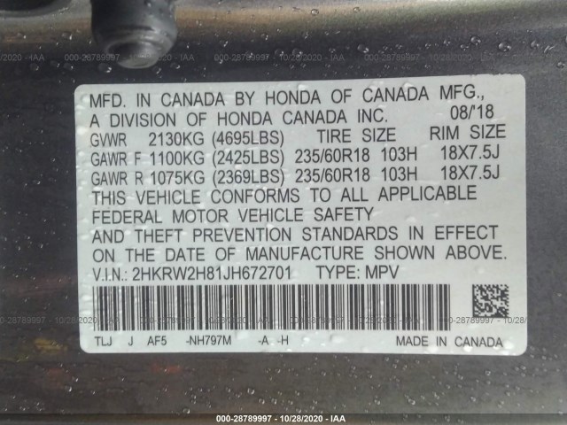 Photo 8 VIN: 2HKRW2H81JH672701 - HONDA CR-V 