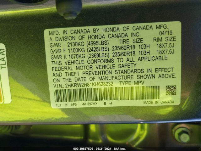 Photo 8 VIN: 2HKRW2H81KH628232 - HONDA CR-V 