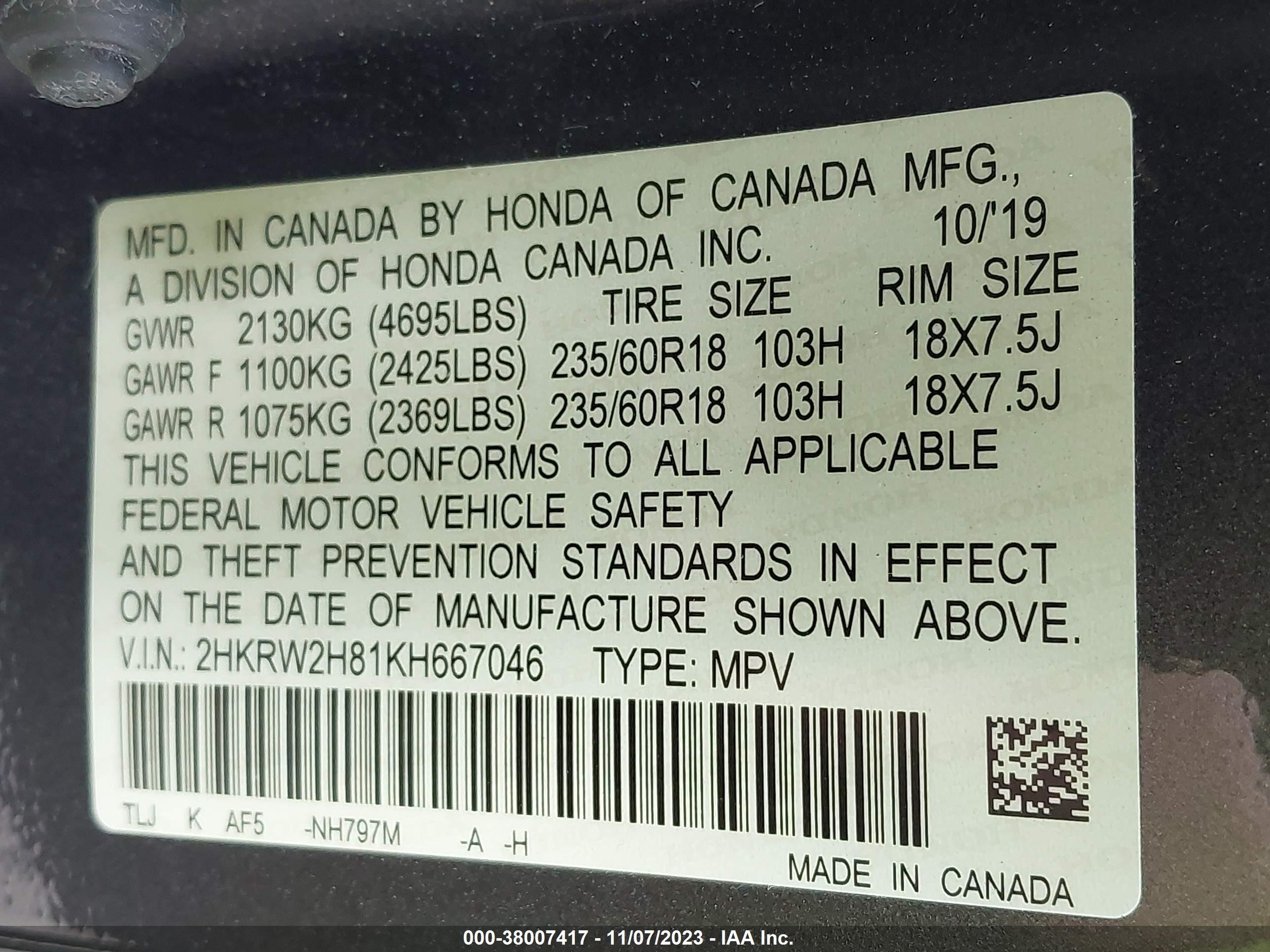 Photo 8 VIN: 2HKRW2H81KH667046 - HONDA CR-V 