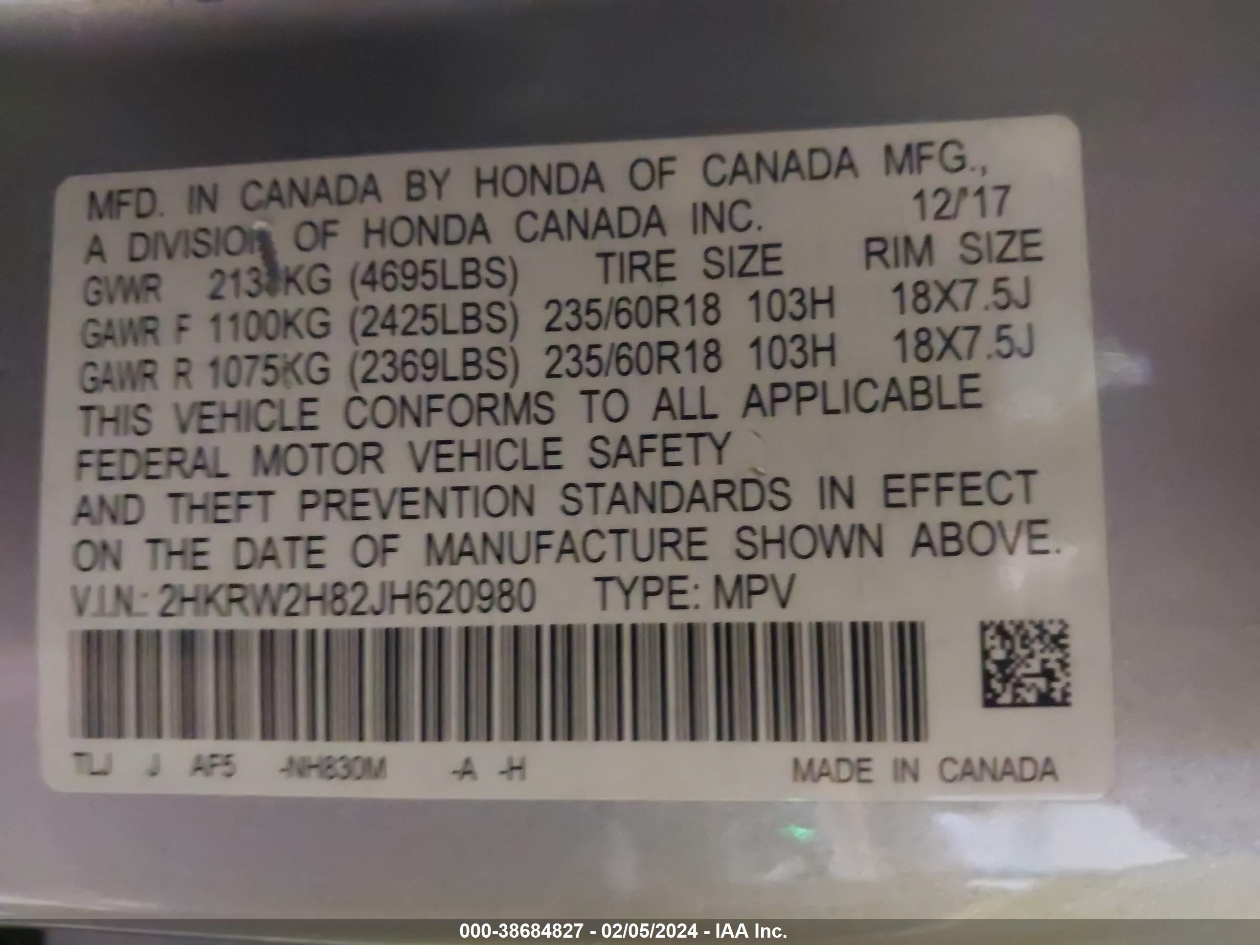 Photo 8 VIN: 2HKRW2H82JH620980 - HONDA CR-V 