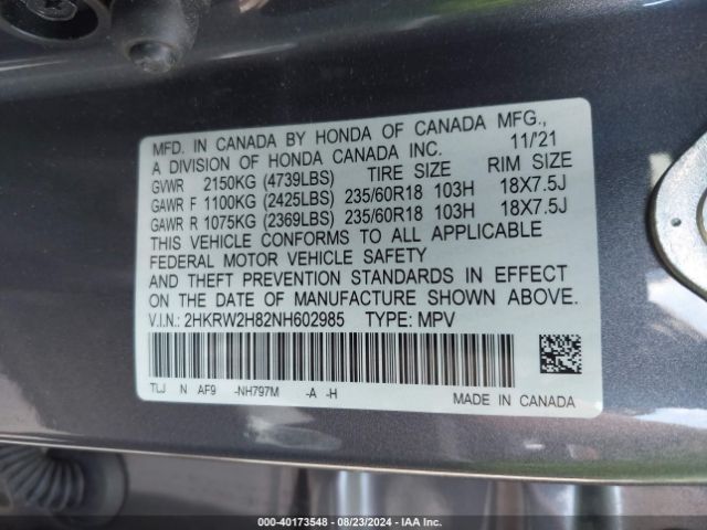 Photo 8 VIN: 2HKRW2H82NH602985 - HONDA CR-V 