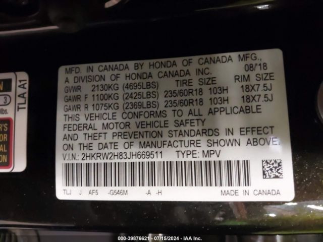 Photo 8 VIN: 2HKRW2H83JH669511 - HONDA CR-V 