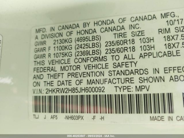 Photo 8 VIN: 2HKRW2H85JH600092 - HONDA CR-V 