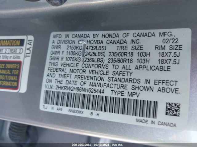 Photo 8 VIN: 2HKRW2H86NH625444 - HONDA CRV 