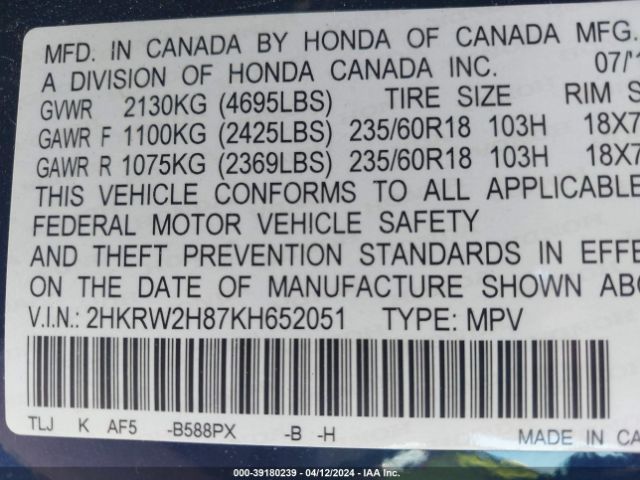 Photo 8 VIN: 2HKRW2H87KH652051 - HONDA CR-V 