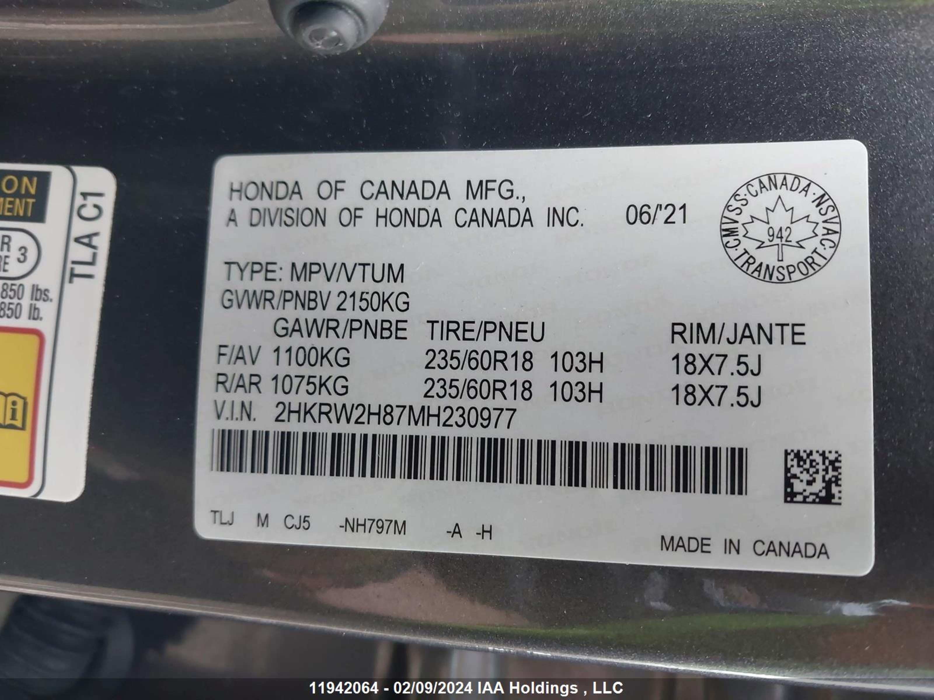 Photo 8 VIN: 2HKRW2H87MH230977 - HONDA CR-V 