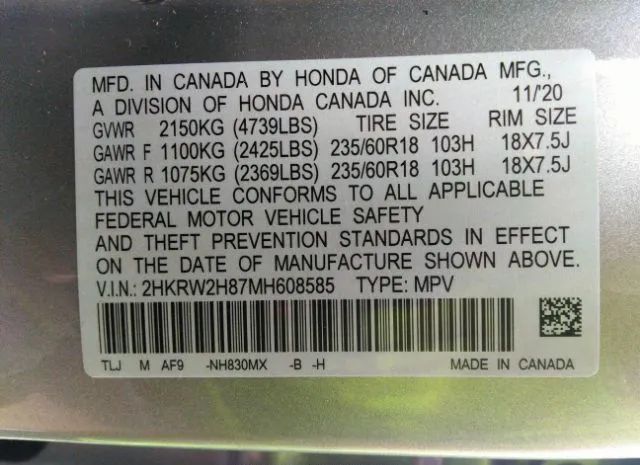 Photo 8 VIN: 2HKRW2H87MH608585 - HONDA CR-V 