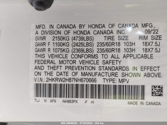 Photo 8 VIN: 2HKRW2H87NH670666 - HONDA CR-V 