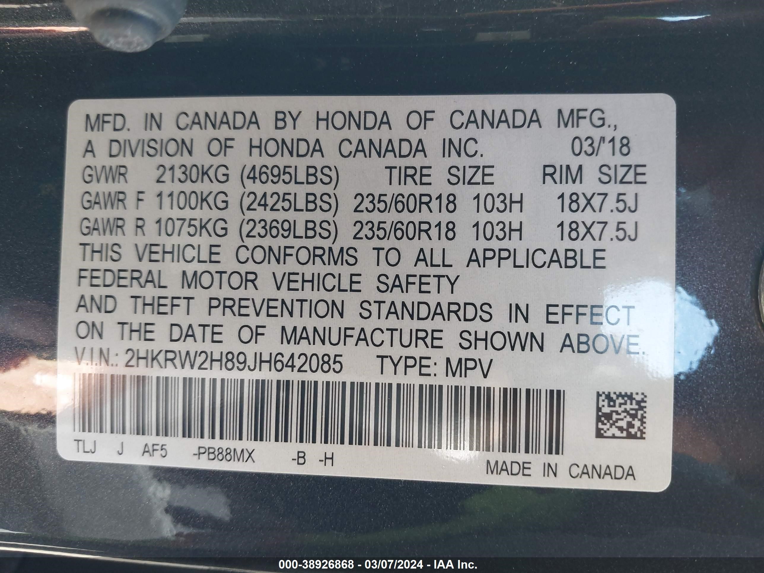 Photo 8 VIN: 2HKRW2H89JH642085 - HONDA CR-V 