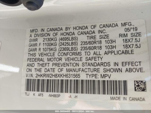 Photo 8 VIN: 2HKRW2H8XKH631565 - HONDA CR-V 