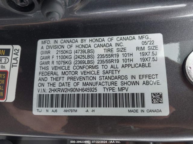 Photo 8 VIN: 2HKRW2H90NH645925 - HONDA CR-V 