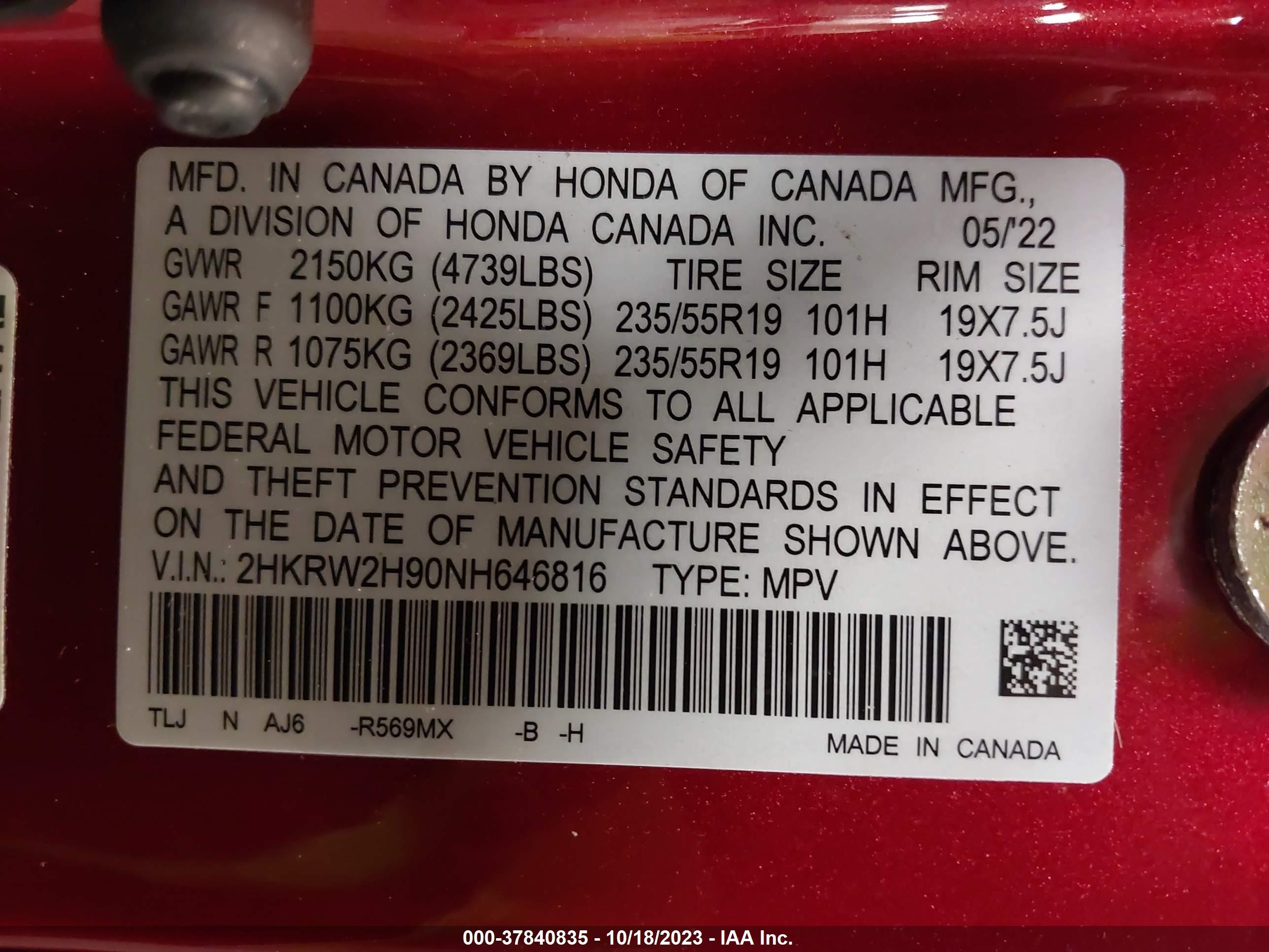 Photo 8 VIN: 2HKRW2H90NH646816 - HONDA CR-V 