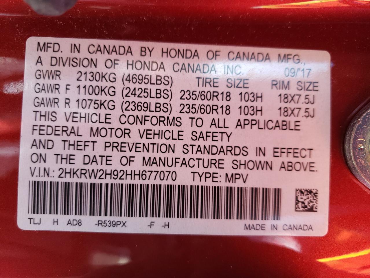 Photo 12 VIN: 2HKRW2H92HH677070 - HONDA CR-V 