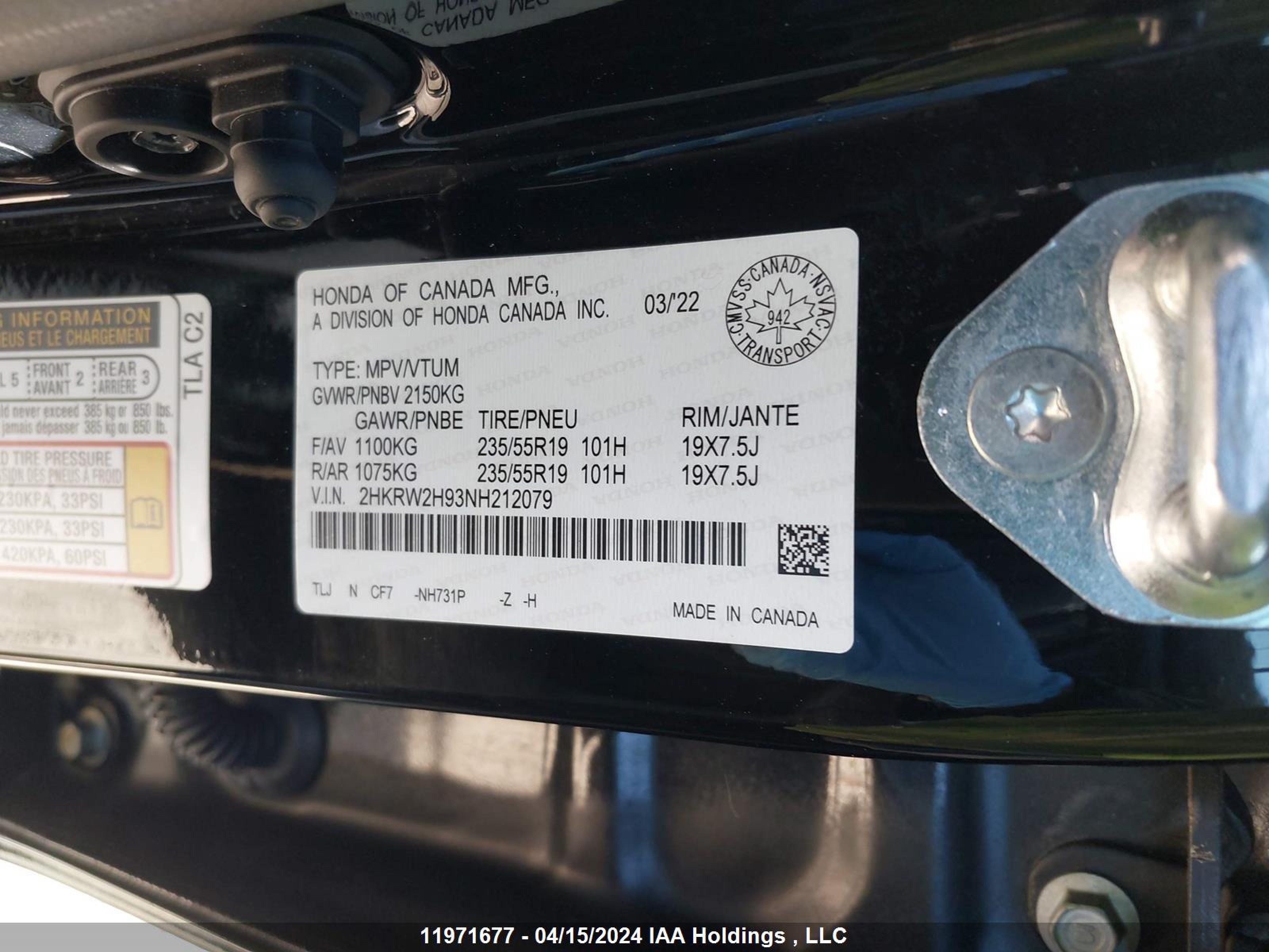 Photo 8 VIN: 2HKRW2H93NH212079 - HONDA CR-V 