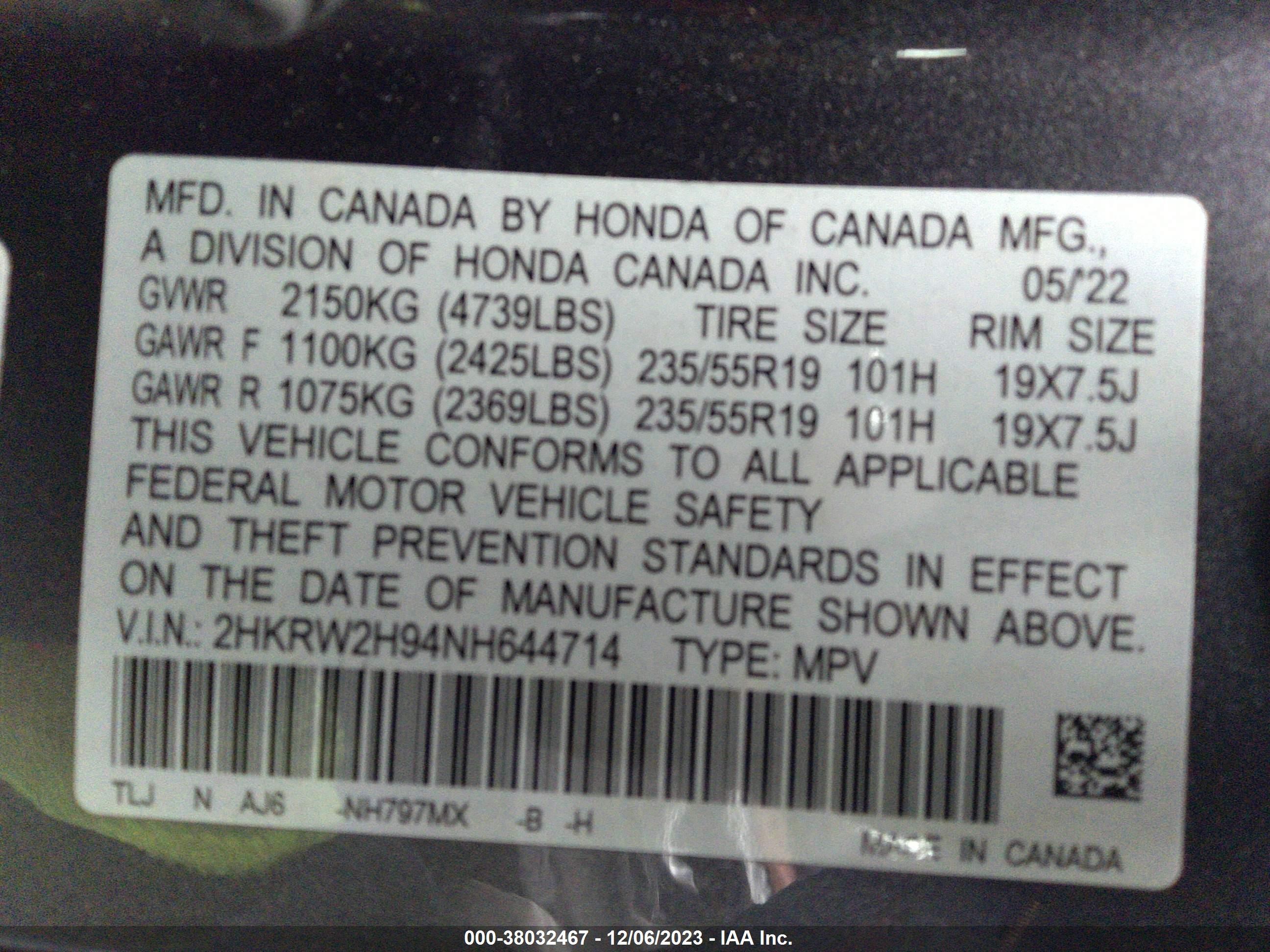 Photo 8 VIN: 2HKRW2H94NH644714 - HONDA CR-V 