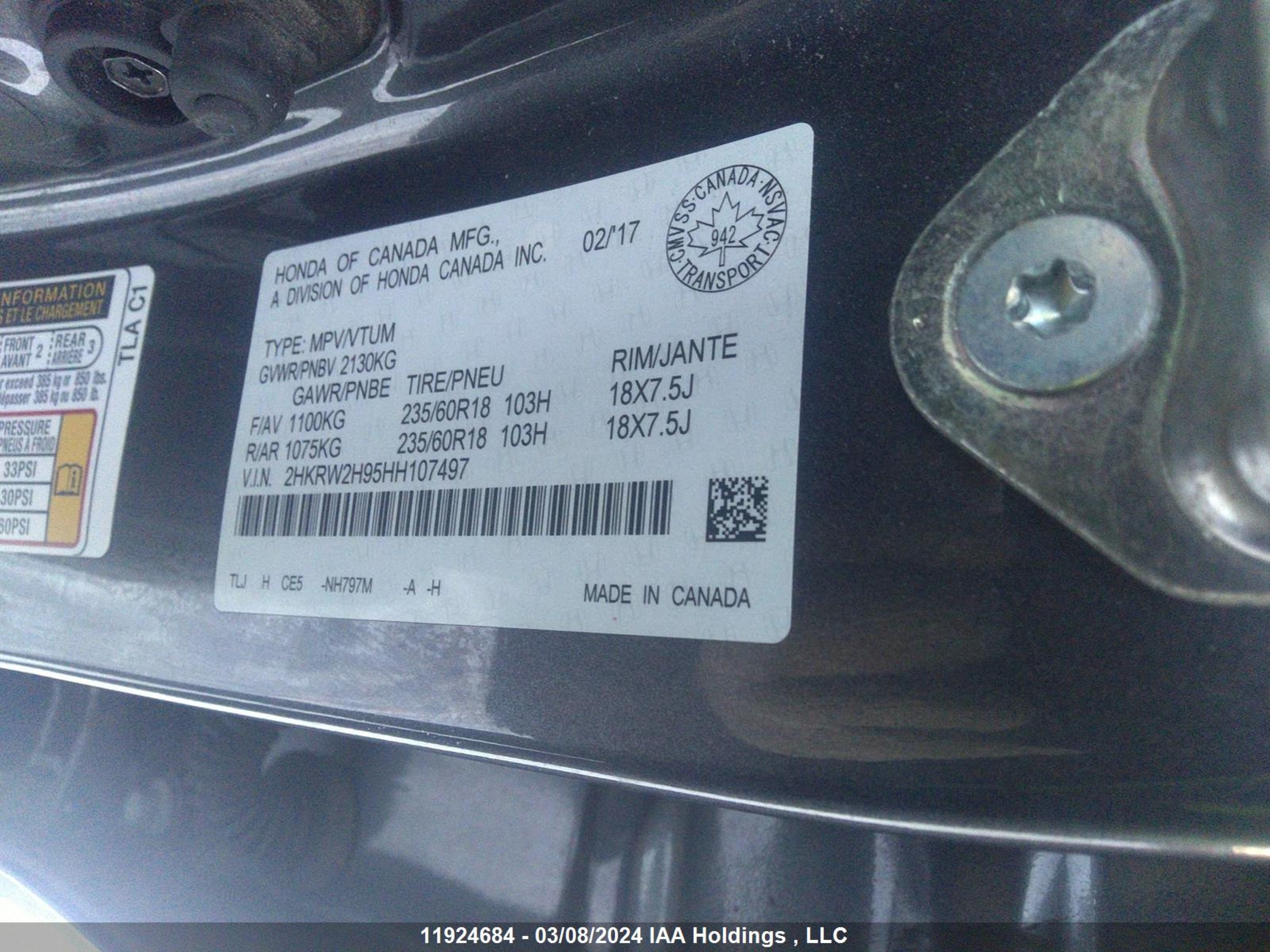 Photo 8 VIN: 2HKRW2H95HH107497 - HONDA CR-V 