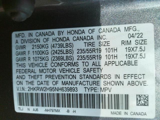 Photo 9 VIN: 2HKRW2H95NH639893 - HONDA CR-V TOURI 