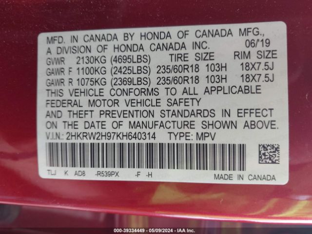 Photo 8 VIN: 2HKRW2H97KH640314 - HONDA CR-V 