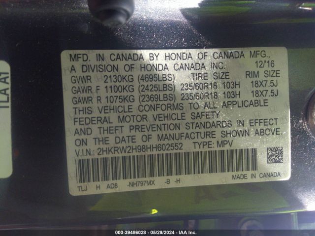 Photo 8 VIN: 2HKRW2H98HH602552 - HONDA CR-V 